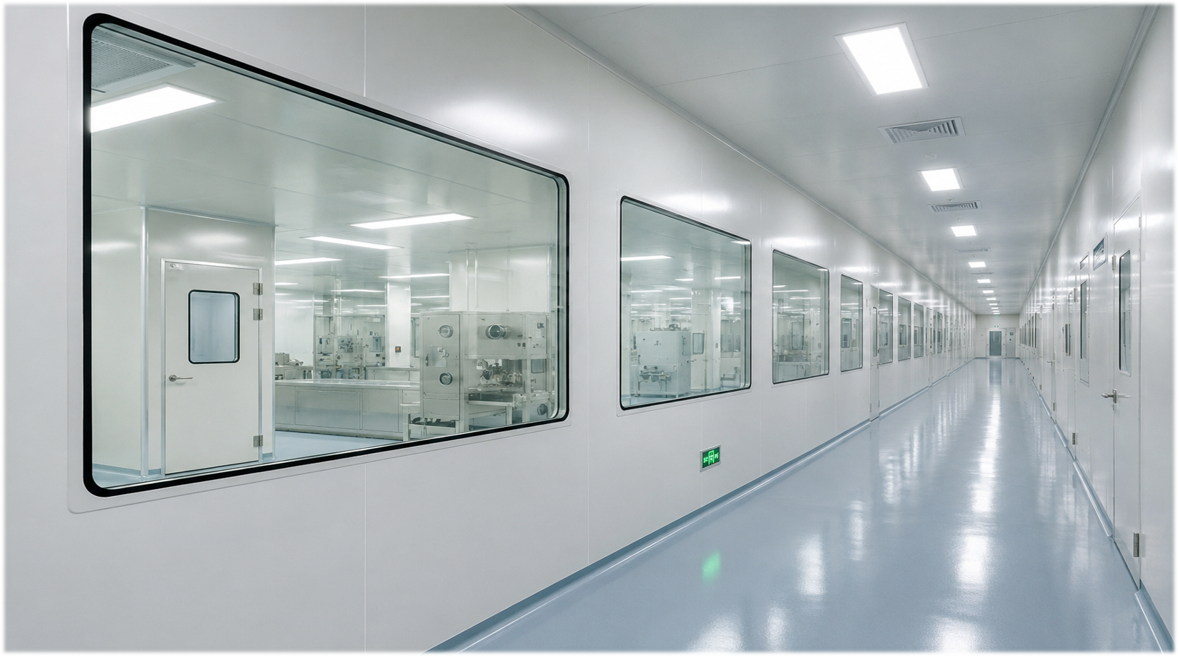Cleanroom corridor with smooth panel walls, observation windows and doors