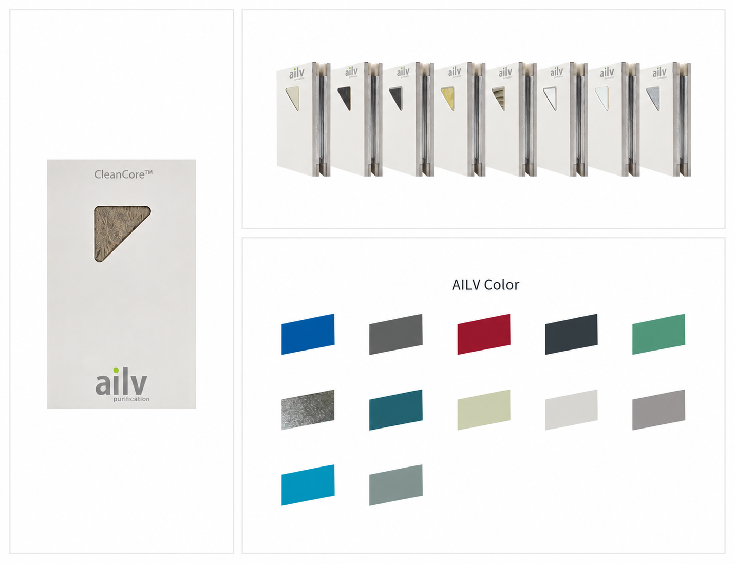 AILV panel sample, core constructions and finish colour swatches