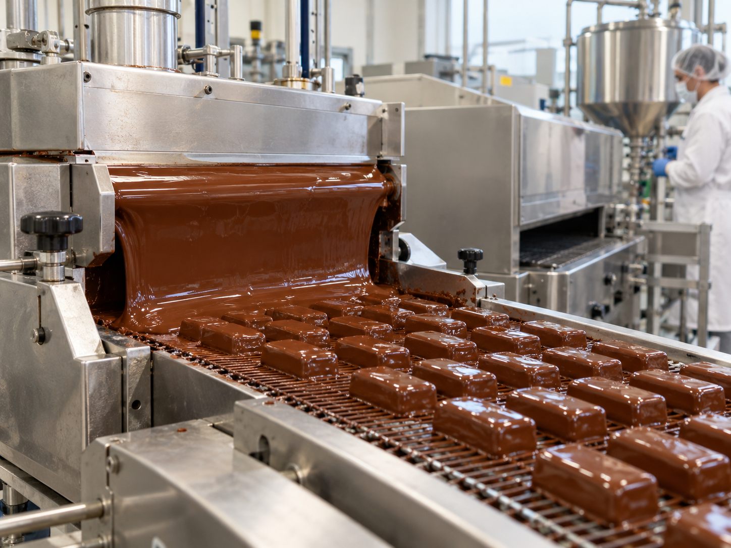 Chocolate enrobing conveyor and cooling tunnel