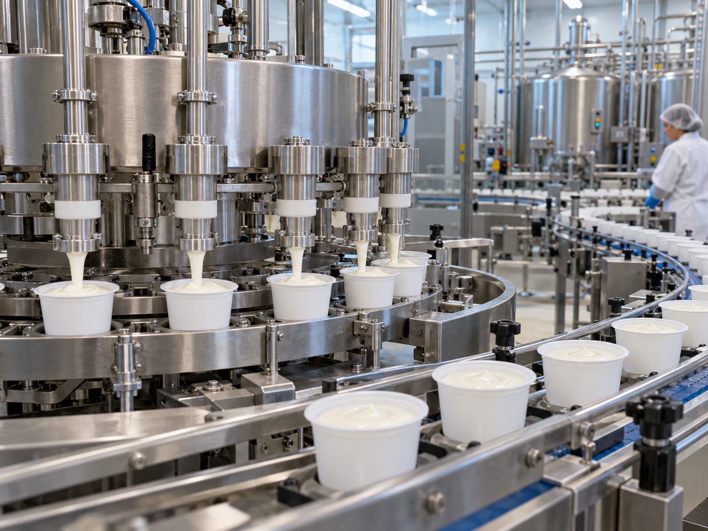 Yogurt cup filling equipment and enclosed dairy processing tanks