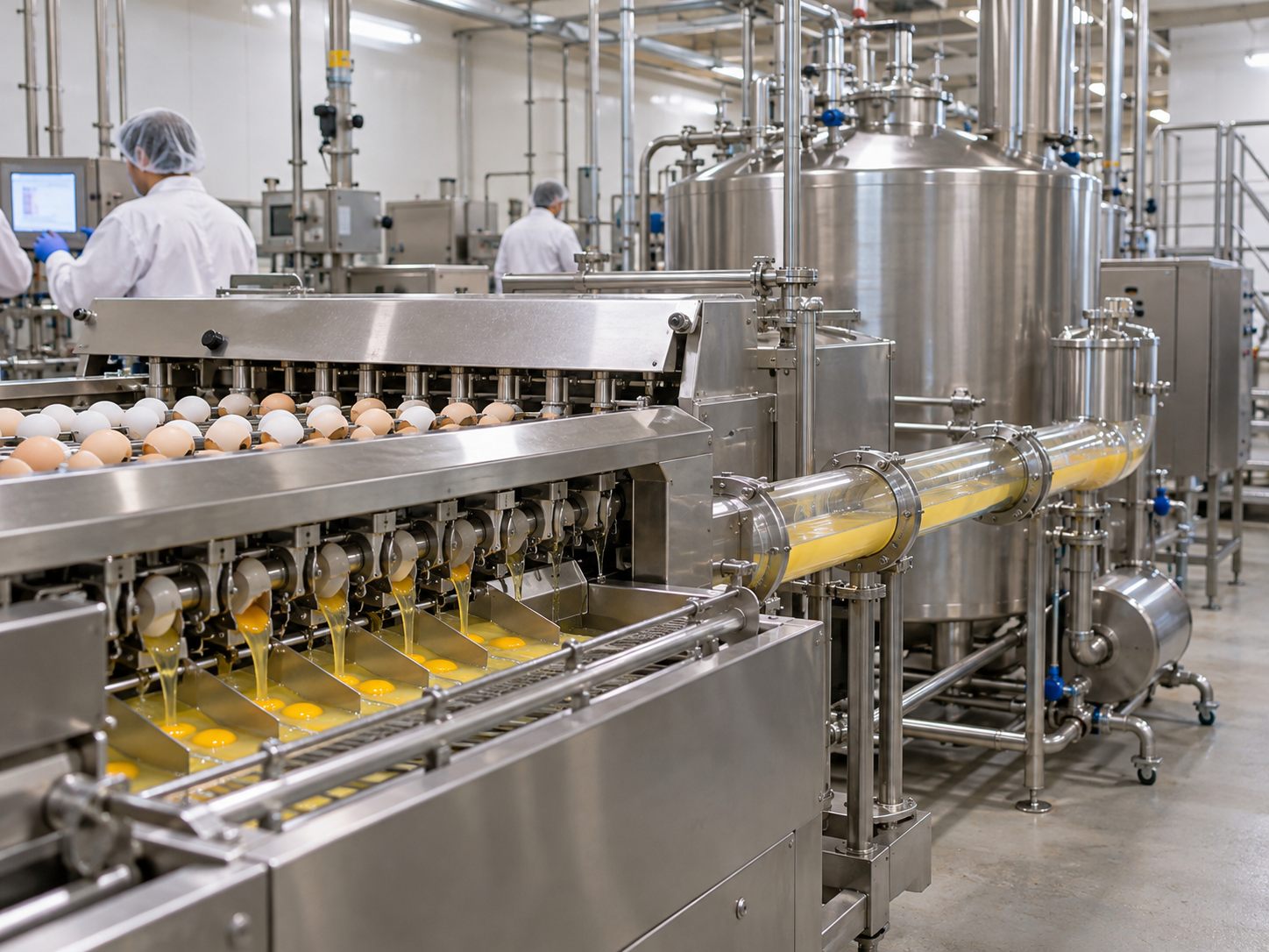 Egg-breaking equipment and connected liquid-egg processing tanks