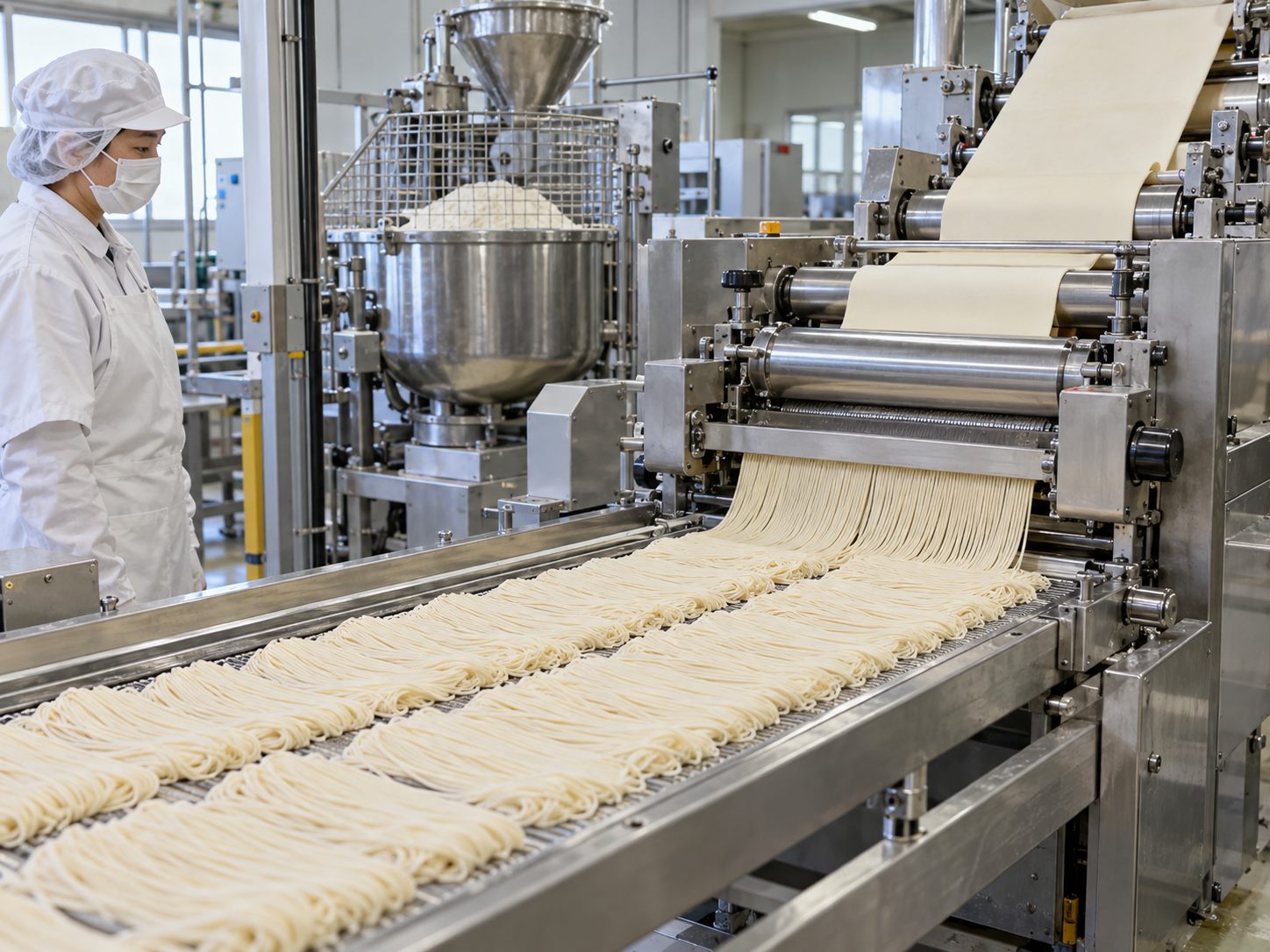 Dough sheeting rollers and a fresh noodle conveyor