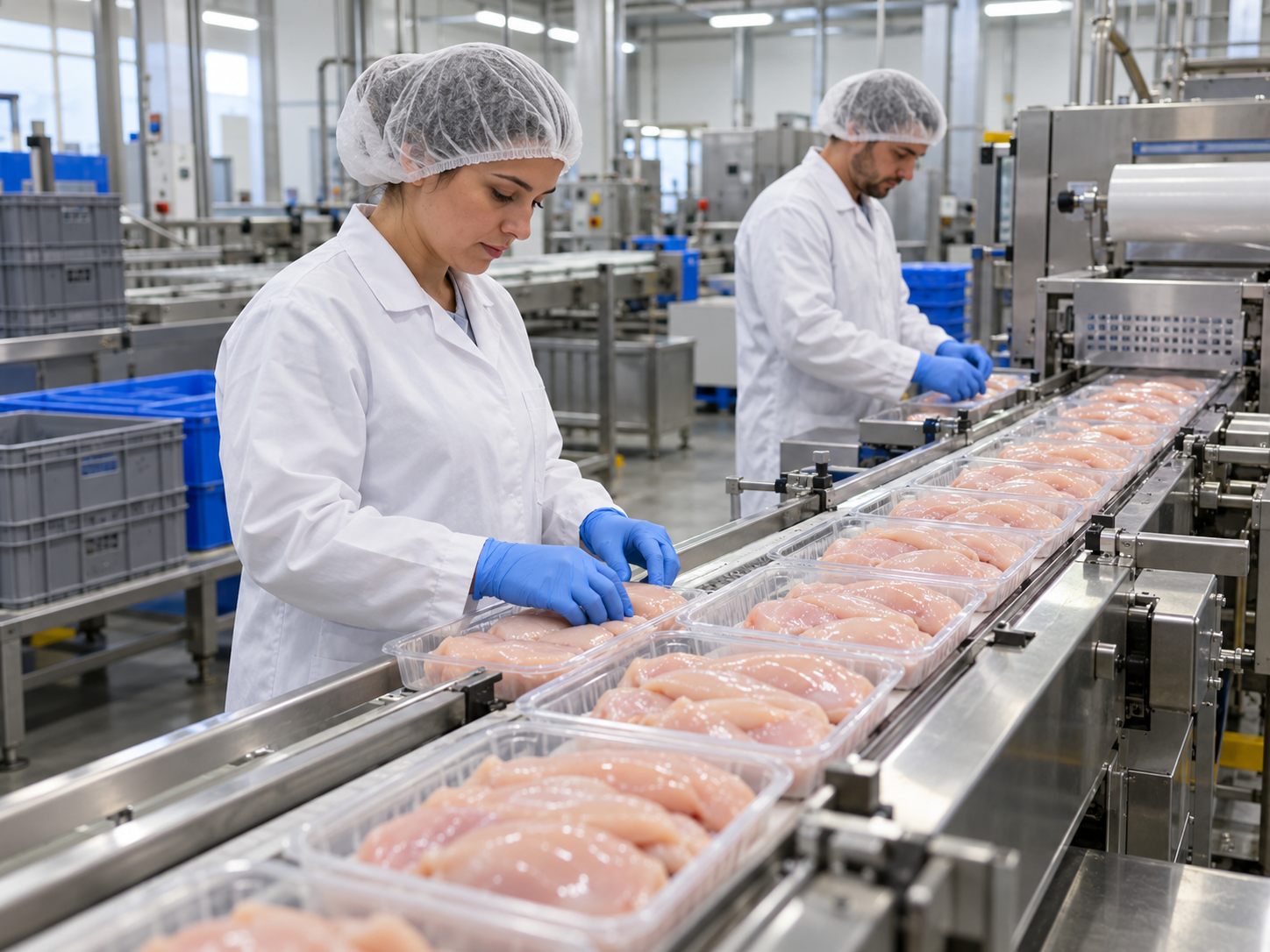 Poultry portioning and packing conveyor in a food workshop
