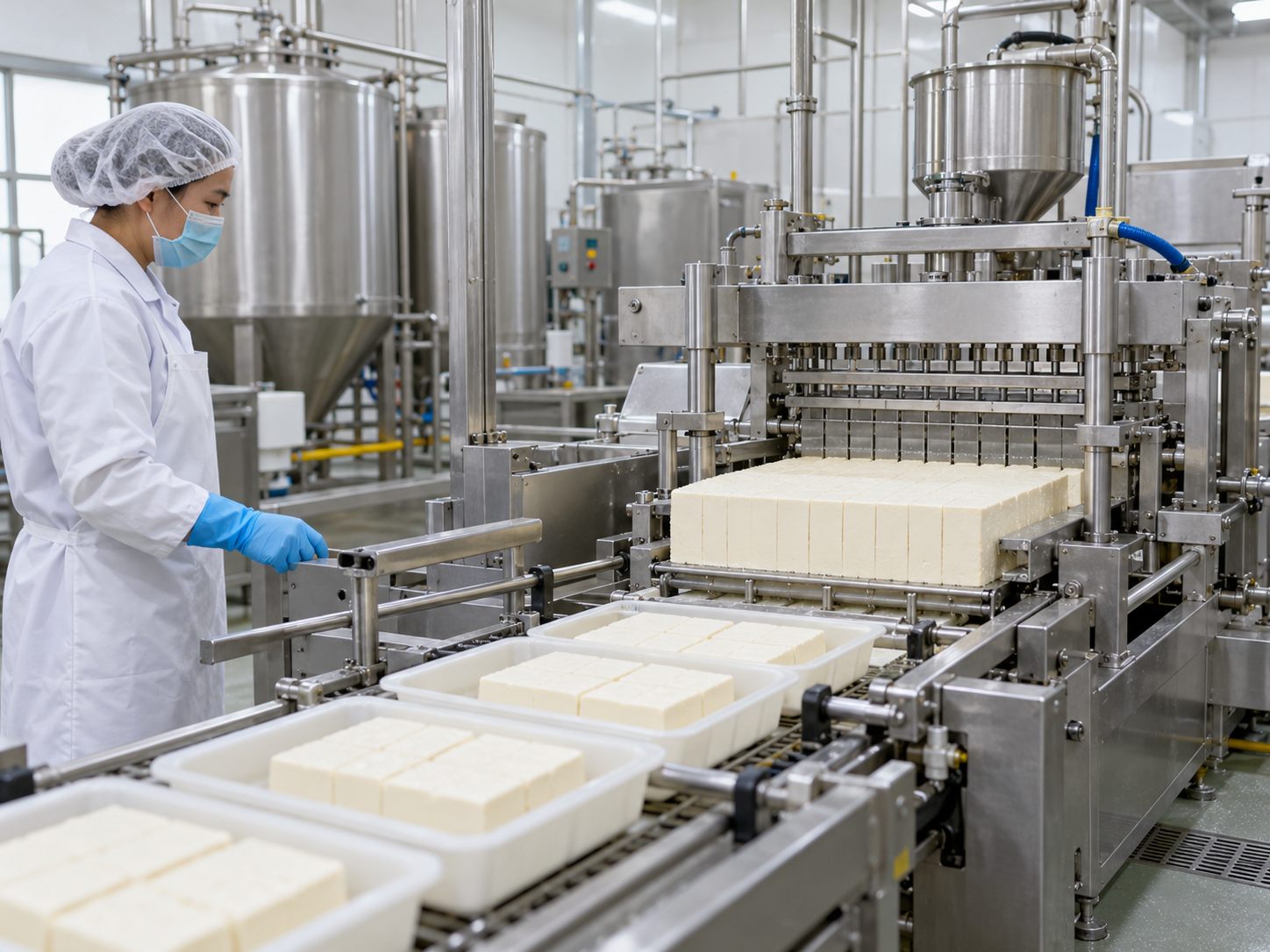 Tofu curd forming, cutting and packing equipment