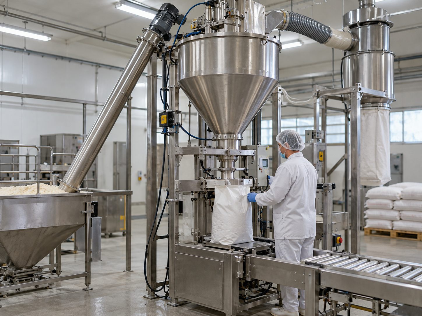 Enclosed powder feeding, blending and bagging equipment