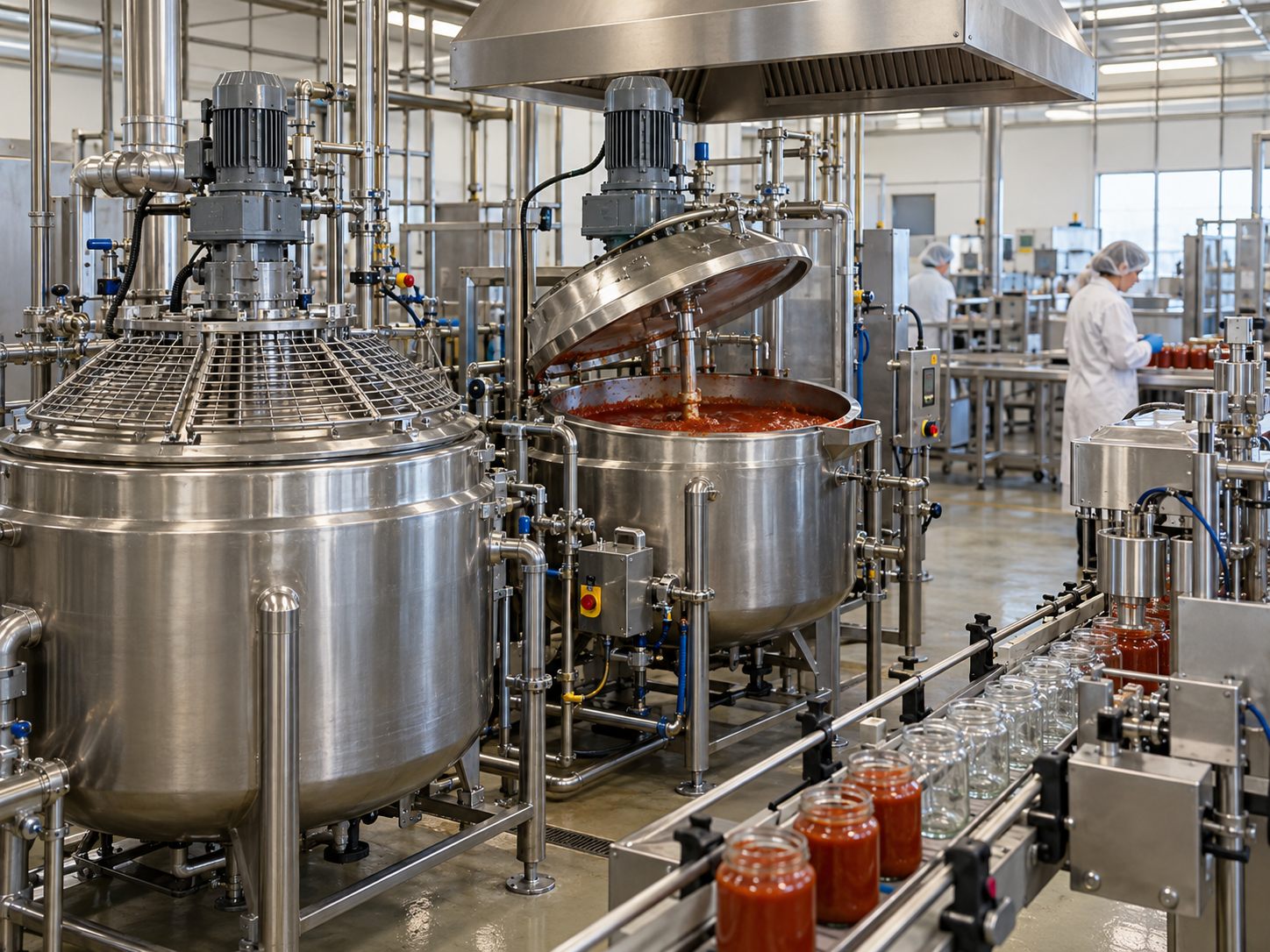 Jacketed sauce cooking kettles and a jar filling conveyor