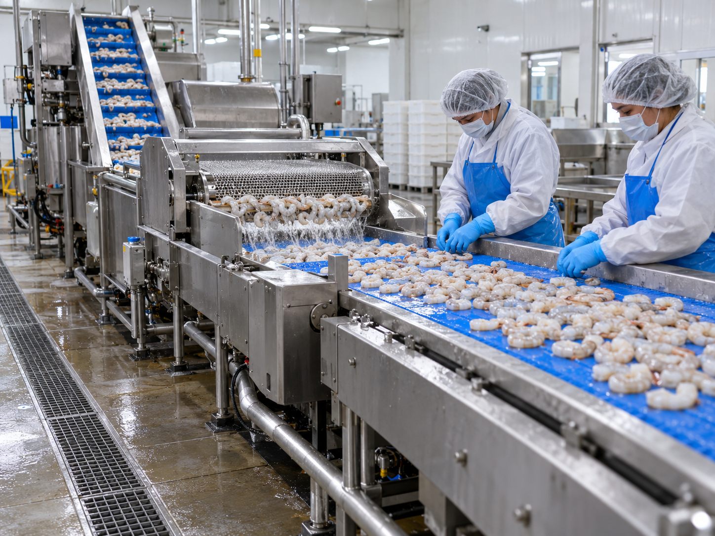 Shrimp washing, grading and inspection conveyors