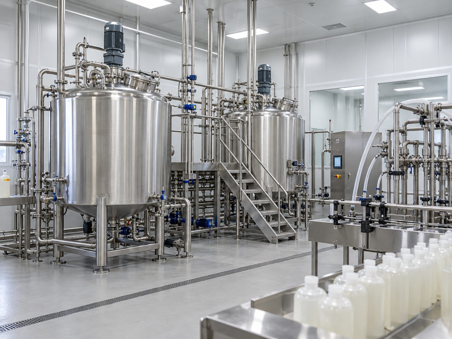 Stainless mixing tanks in a hair and body-care manufacturing room
