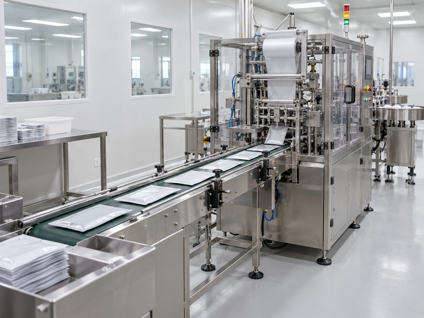 Compact sachet filling and sealing line in a cosmetic manufacturing room