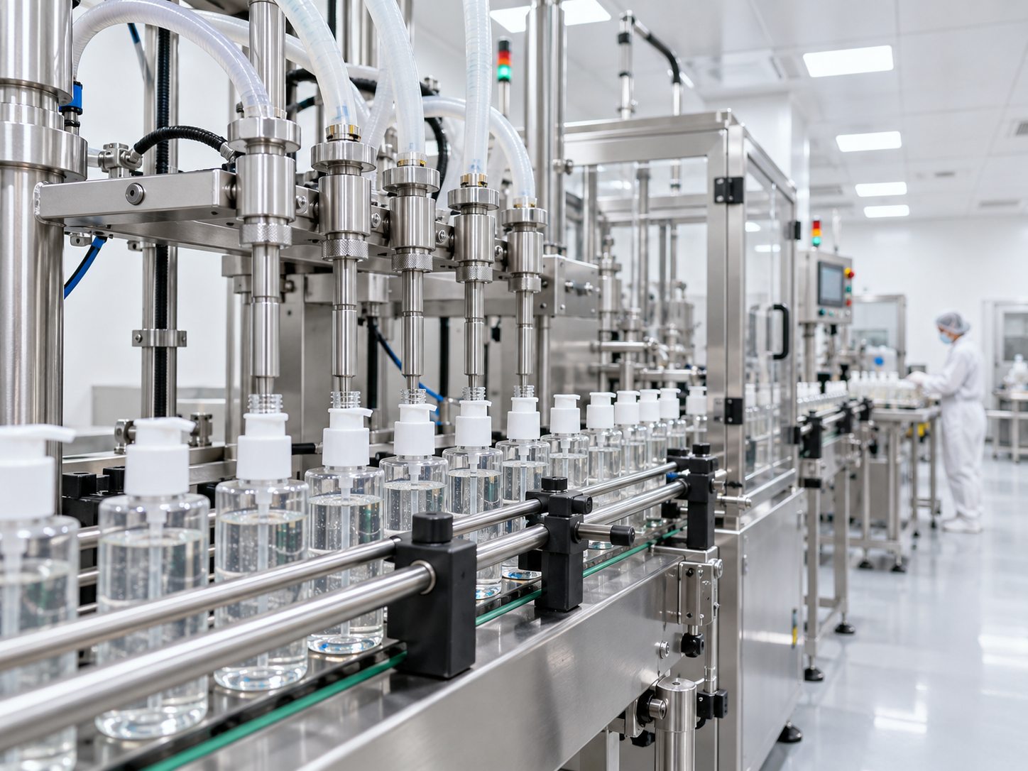 Compact bottle-filling line for liquid cosmetic products