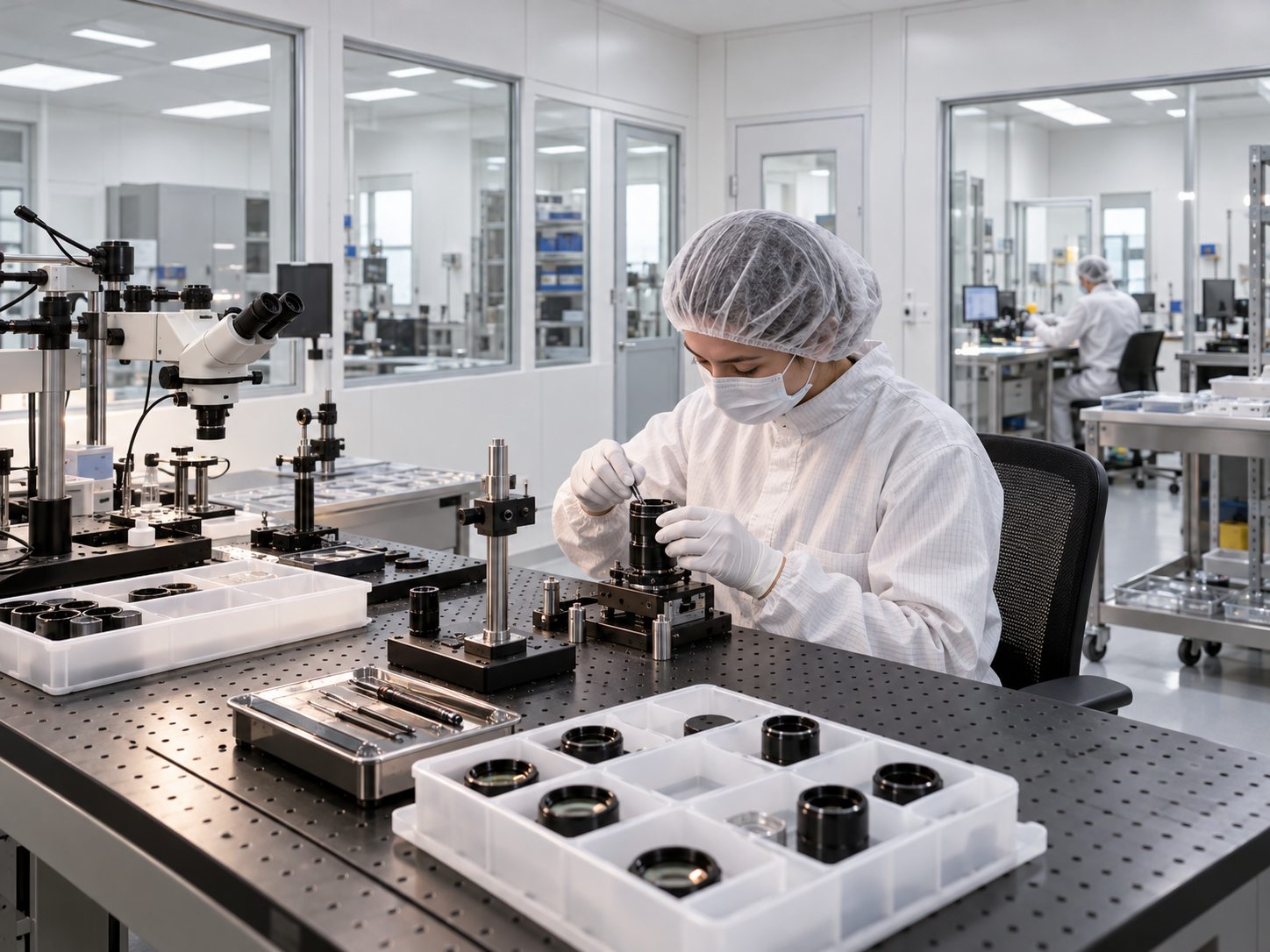 Precision optical-component assembly benches in a controlled manufacturing room