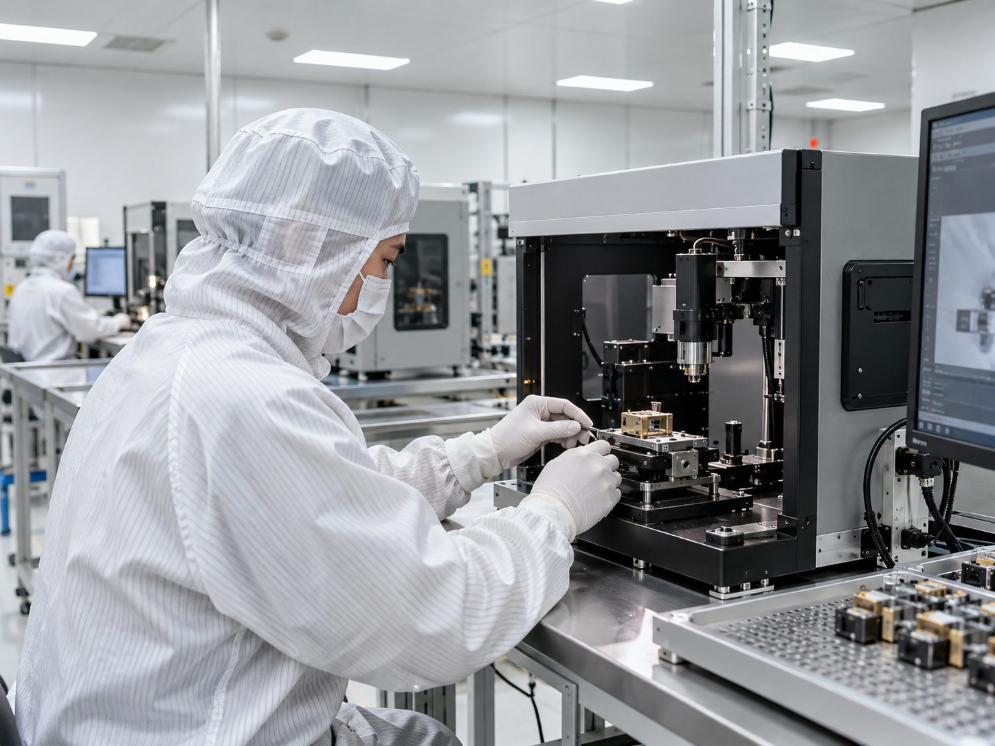 Enclosed laser and optoelectronic module assembly workstations