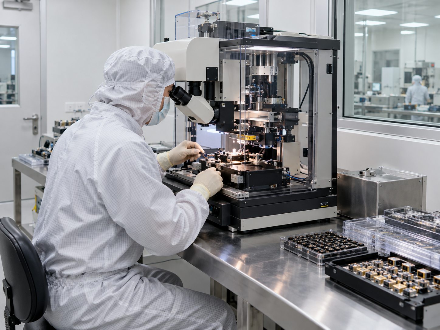 Photonic-device alignment and packaging equipment inside a controlled room