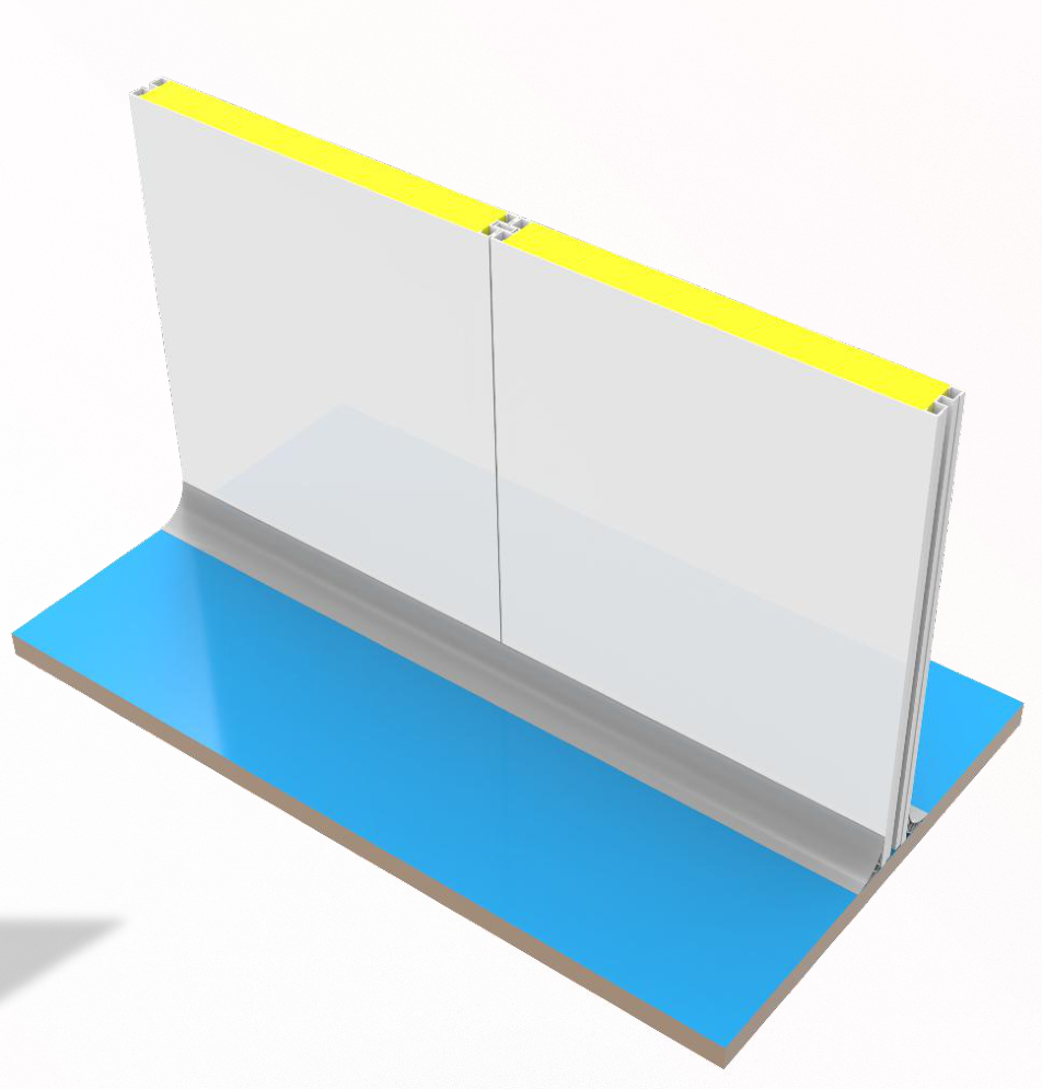 Illustrative straight joint between two cleanroom wall panels, with the joining profile visible at the top edge