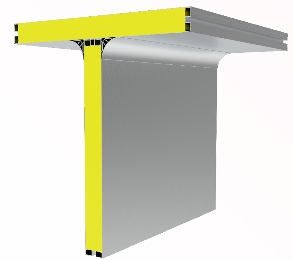 Illustrative cleanroom wall-to-ceiling panel junction showing the connection profile and coved internal trim